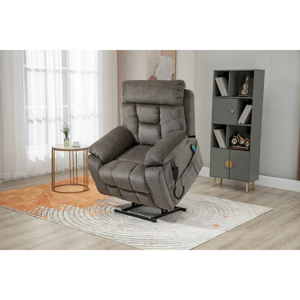 Gray Chenille Power Lift Recliner with Massage and Concealed Cup Holder