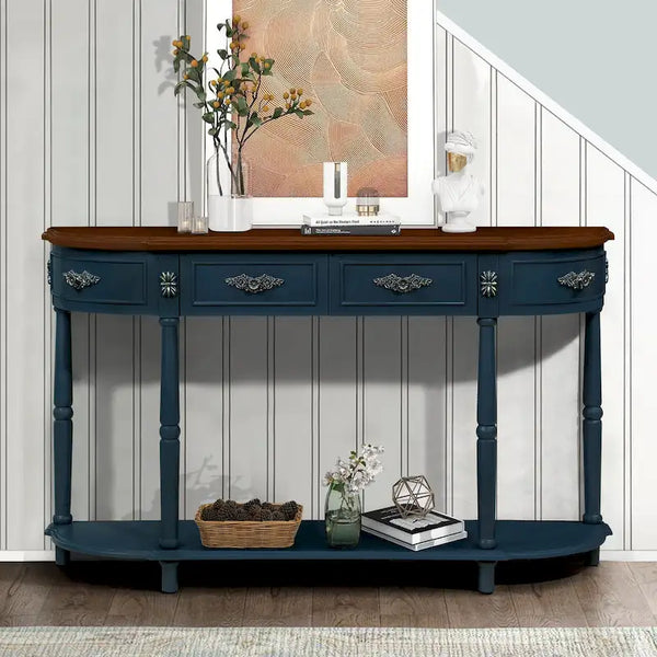 52-Inch Half Moon Circular Sofa Table with Open Shelf and Dual Drawers