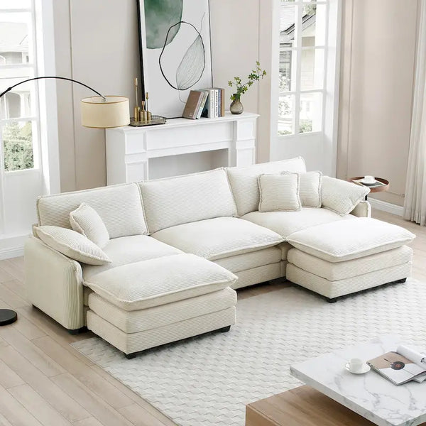 Beige 5-Piece U-Shaped Corduroy Modular Sectional Sofa Set with 2 Ottomans