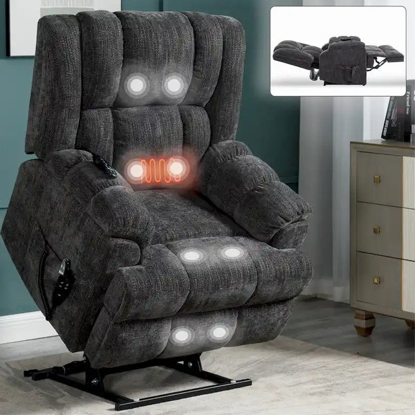 Grey Oversized Chenille Power Lift Recliner with Massage, Heating, and Flat Lay Feature
