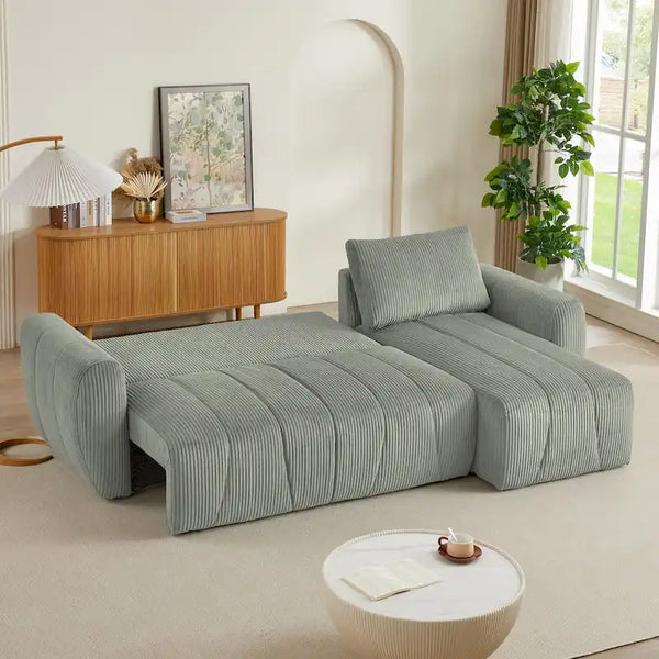 Grey 105.2" Corduroy L-Shaped Convertible Sleeper Sectional with Storage Compartment