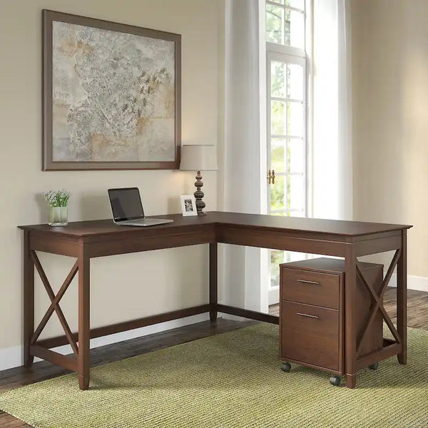 Bush Furniture Key West 60-Inch L-Shaped Desk with Rolling File Cabinet