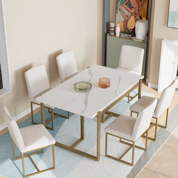7-Piece Contemporary Faux Marble Dining Set with 6 Upholstered Chairs