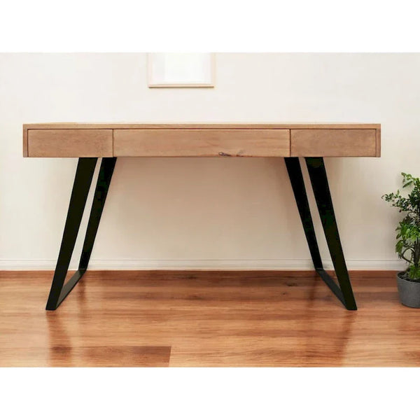 54-Inch Solid Wood Writing Desk in Natural and Black Mango Finish with Three Drawers