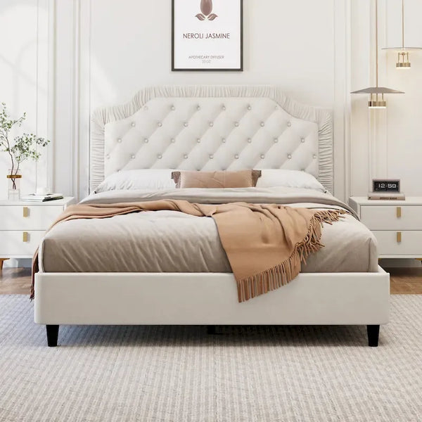 Contemporary Queen Upholstered Bed with Ruched Button-Tufted Headboard, Sturdy Wooden Frame and Metal Base – Box Spring Not Required