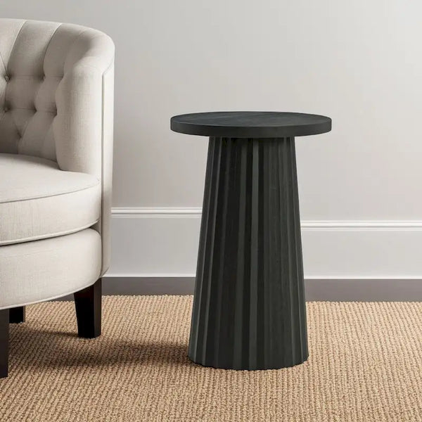 Ceil Round Accent Table with Classic Black Fluted Solid Wood Base - 14 Inches