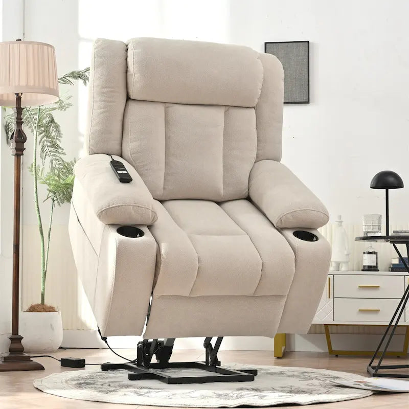 Elevated Recliner Chair for Seniors - Fabric Lift Chair with Extended Footrest, Dual Cup Holders, Side Pockets, and Remote Control