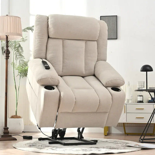 Elevated Recliner Chair for Seniors - Fabric Lift Chair with Extended Footrest, Dual Cup Holders, Side Pockets, and Remote Control