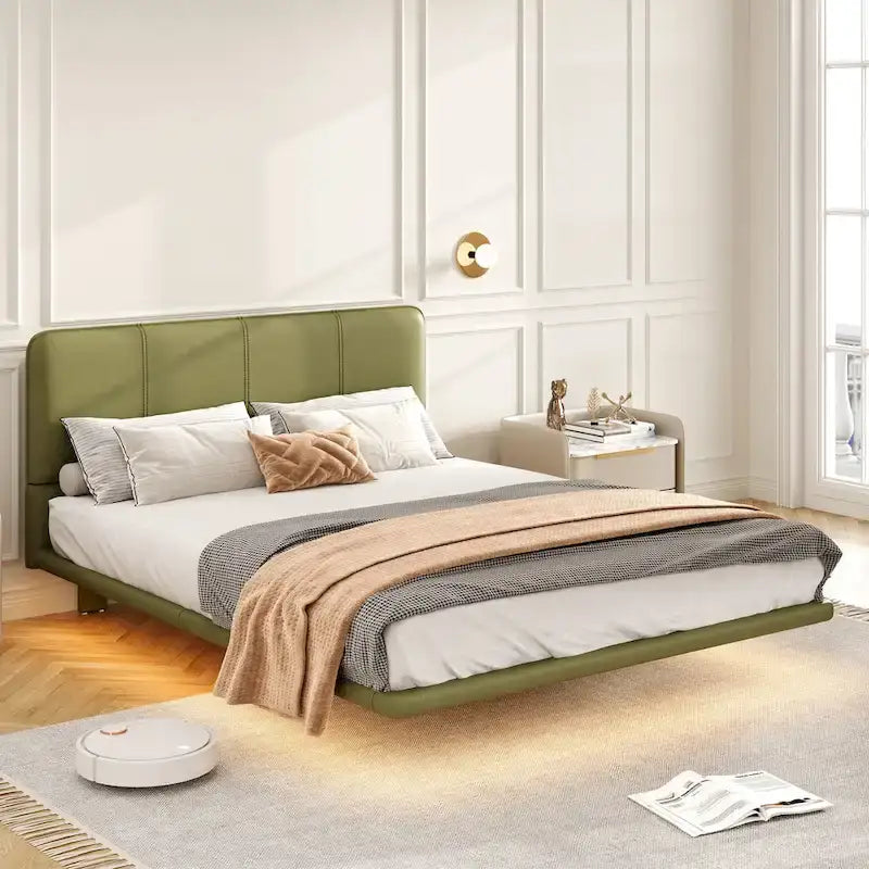 Christopher Knight Home Korli Contemporary Upholstered Leather Floating Bed Frame and Headboard Set with LED Lighting