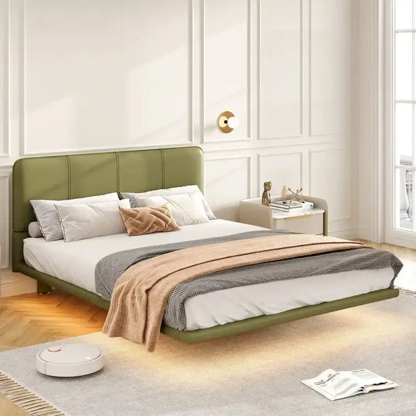 Christopher Knight Home Korli Contemporary Upholstered Leather Floating Bed Frame and Headboard Set with LED Lighting