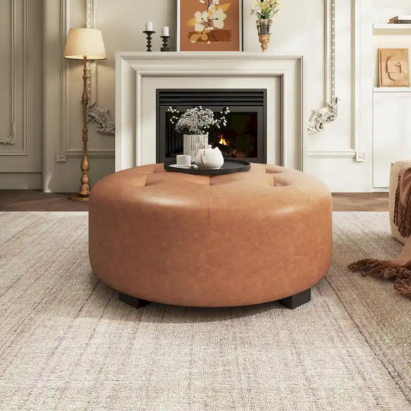Christopher Knight Home Round Ottoman with Button Tufting in PU Leather