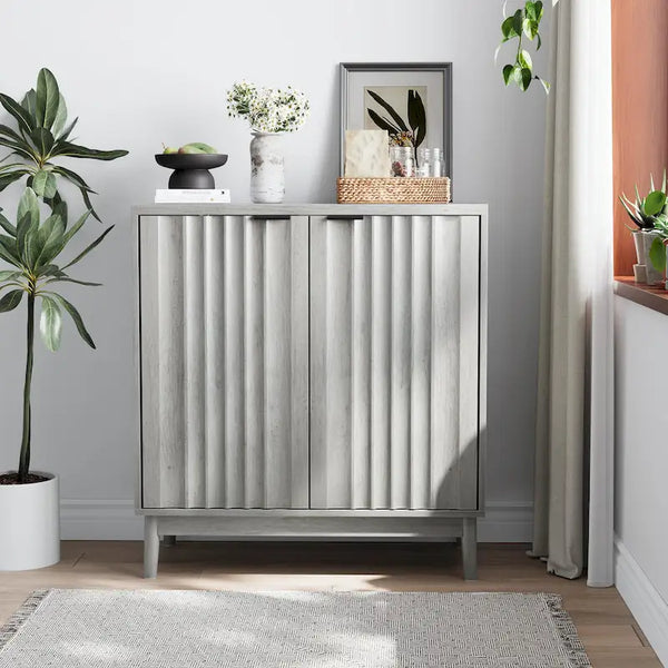 Freestanding Wash Grey Fluted Sideboard Cabinet with Adjustable Shelf - Stylish Wood Storage Solution