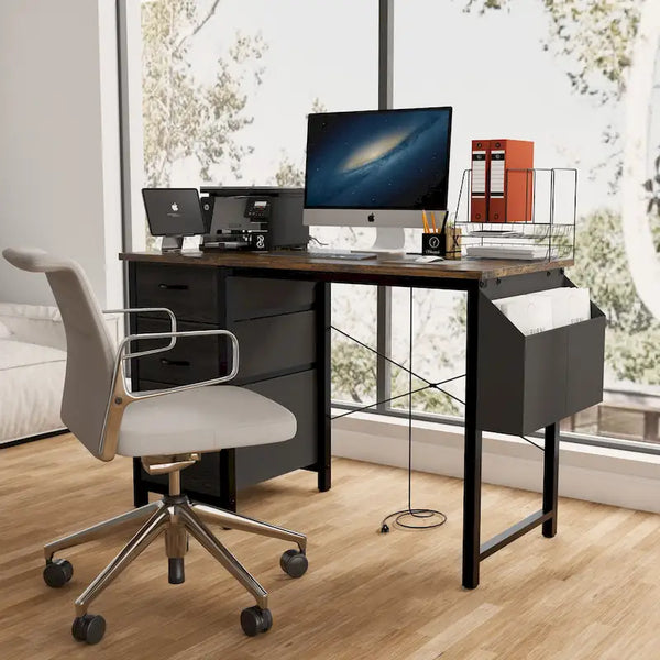 Contemporary Computer Desk with Built-in Charging Station and Versatile Reversible Storage Drawers for Home Office or Study