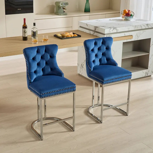 Contemporary Set of 2 Bar Stools with Button-Tufted Back and Studded Trim, Chrome Metal Base - Ideal for Dining Room, Living Room, and Bedroom