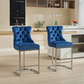 Contemporary Set of 2 Bar Stools with Button-Tufted Back and Studded Trim, Chrome Metal Base - Ideal for Dining Room, Living Room, and Bedroom