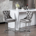 Contemporary Set of 2 Bar Stools with Button-Tufted Back and Studded Trim, Chrome Metal Base - Ideal for Dining Room, Living Room, and Bedroom