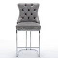 Contemporary Set of 2 Bar Stools with Button-Tufted Back and Studded Trim, Chrome Metal Base - Ideal for Dining Room, Living Room, and Bedroom