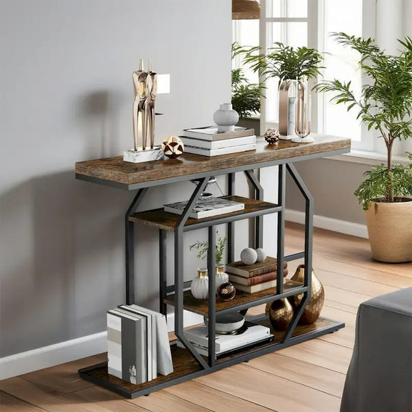 47.24-Inch Rustic Long Console Table with 4-Tier Shelves - Ideal for Entryway or Behind Couch Storage