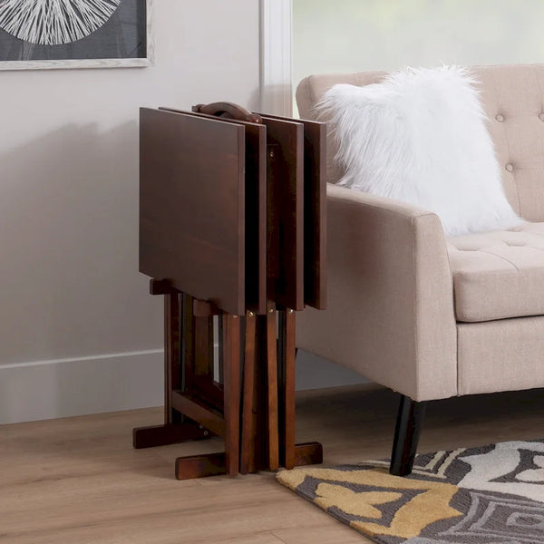 26.25-Inch Hazelnut Brown 5-Piece Folding Tray Table Set with Stand