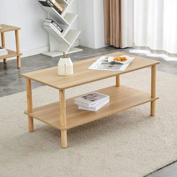 39-Inch Coffee Table with Two-Tier Design and Rubberwood Legs