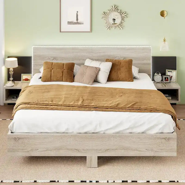 Contemporary King Floating Bed Frame with Wooden LED Storage Platform and Two Nightstands with LED Lighting