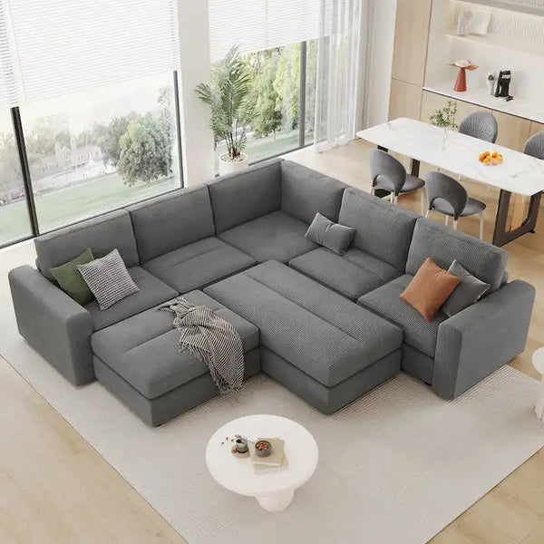 Corduroy Modular Sectional Sofa Bed with Recliner and 2 Movable Ottomans – Perfect for Living Rooms
