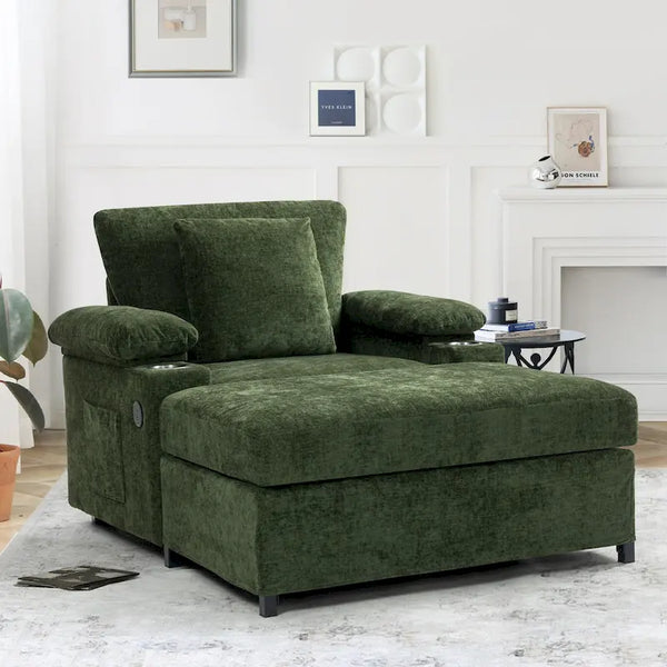 Chenille Oversized Chair Set with Ottoman and USB Charging Port