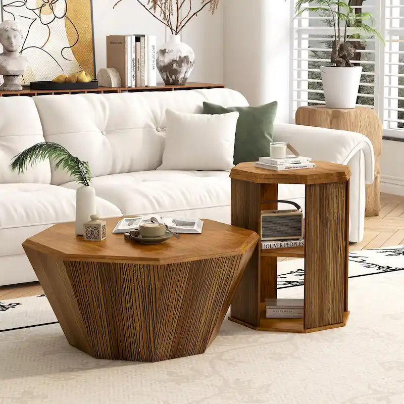 Set of 2 Octagonal Rubber Wood Coffee Tables - 31.5 Inches