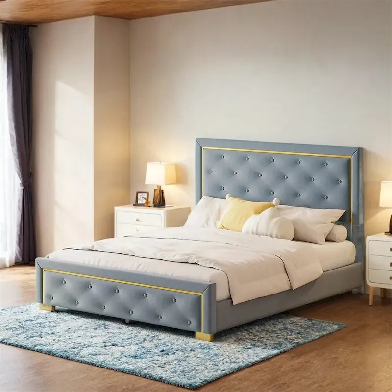 Queen Size Upholstered Platform Bed with Padded Headboard