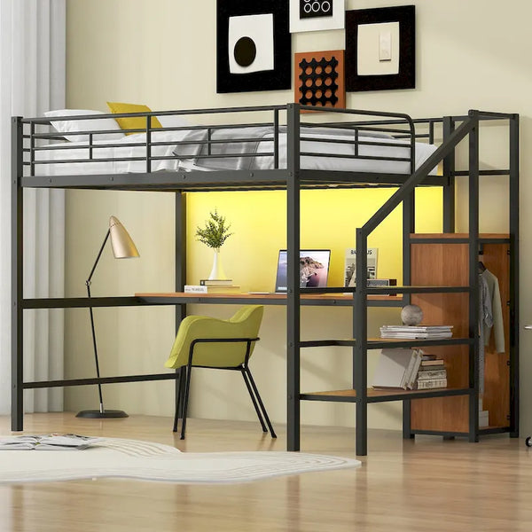 Complete Loft Bed Set with Desk, Storage Staircase, Compact Wardrobe, and LED Lighting
