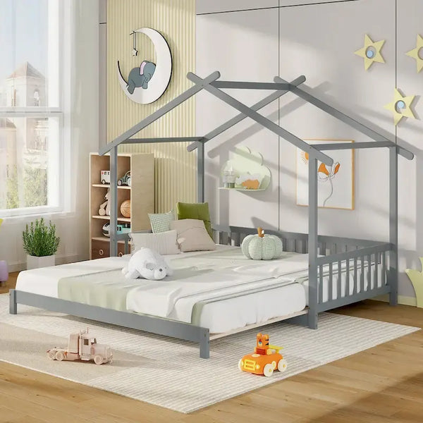Gymax Twin to King Wooden House Bed Daybed with Safety Rails & Customizable Design