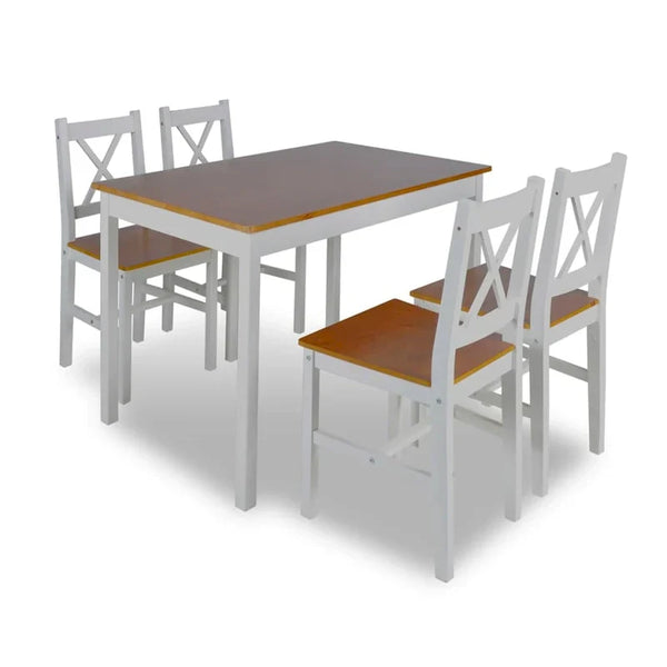 5-Piece Dining Table Set - 43-Inch Rectangular Table with 4 Chairs in Brown and White Wood