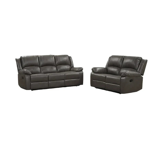 Gray Leather Lizzy Sofa and Loveseat Set with Manual Reclining and Solid Wood Frame