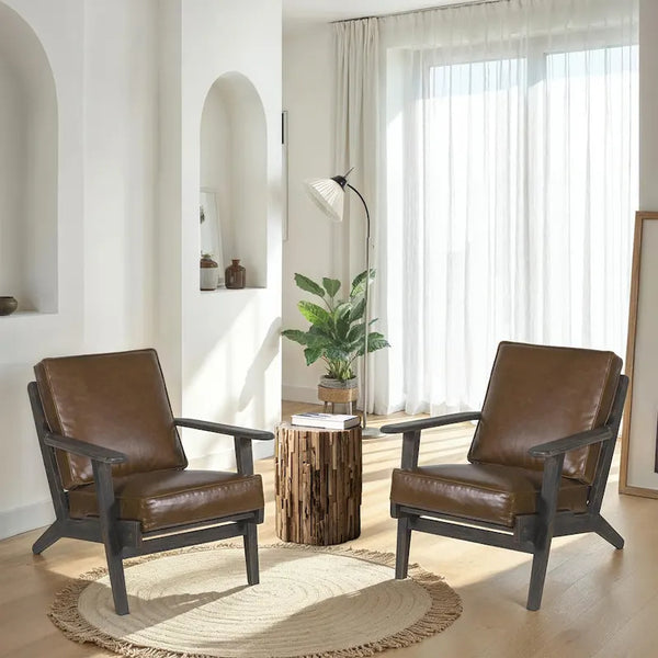 Handcrafted Amber Accent Chair with Slatted Mango Wood, Buffalo Leather Cushions, and Angled Legs