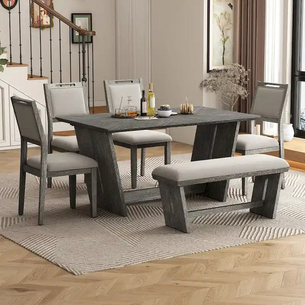 6-Piece Wooden Dining Set: Rectangular Table with 4 Upholstered Chairs and 1 Bench