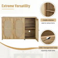 3-Door Buffet Cabinet with Faux Rattan Doors, Shelving, and Metal Handles - Ideal Coffee Bar Sideboard