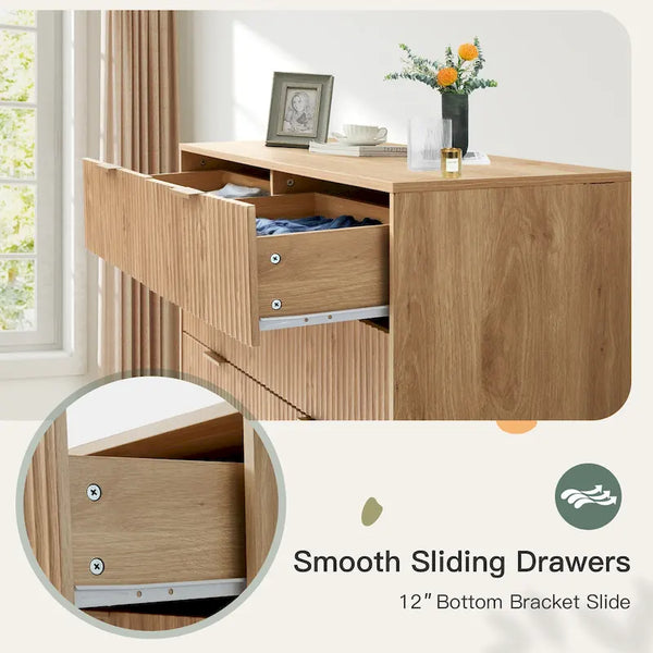 EROMMY Mid-Century Modern 6-Drawer Fluted Dresser - Wide Chest with Metal Handles for Bedroom and Living Room