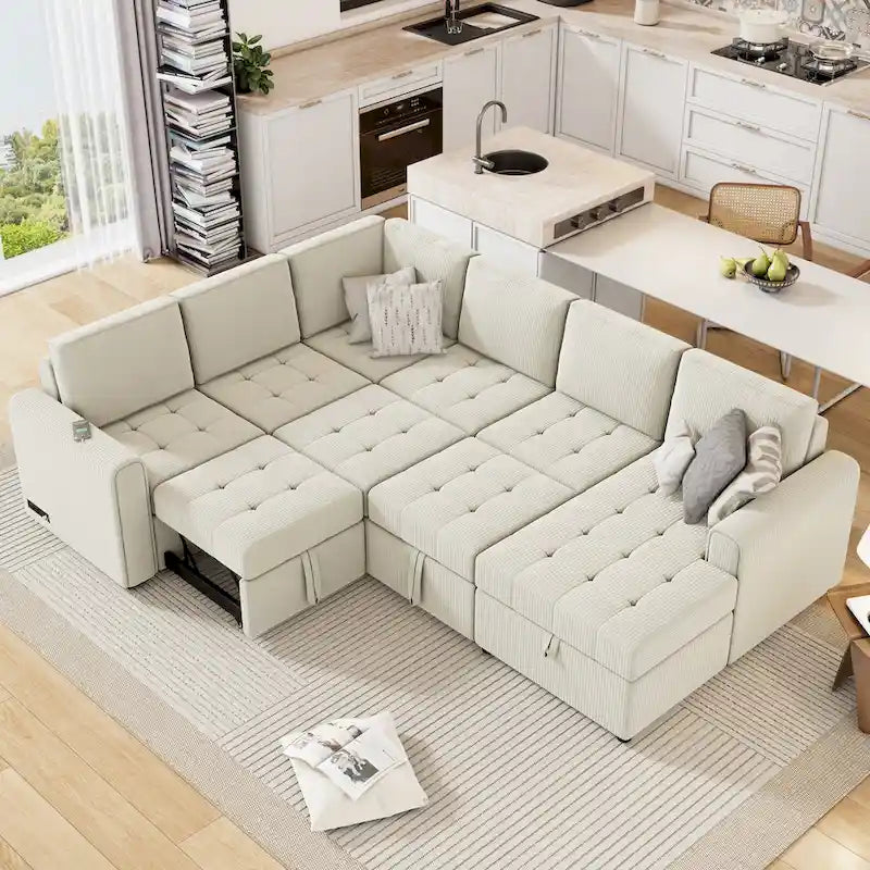 Roomfitters U-Shaped Sectional Sofa with Pull-Out Bed, Storage Chaise Lounge, and Integrated Charging Ports for Living Room