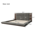 King Gray Upholstered Low Profile Platform Bed with Extended Wood Headboard and Integrated Nightstand Shelves