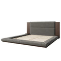 King Gray Upholstered Low Profile Platform Bed with Extended Wood Headboard and Integrated Nightstand Shelves