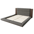 King Gray Upholstered Low Profile Platform Bed with Extended Wood Headboard and Integrated Nightstand Shelves