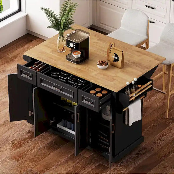 54-Inch Large Kitchen Island with Rubberwood Drop Leaf, Embossed Texture, Rolling Cart on 4 Wheels, Featuring 4 Doors and 3 Drawers