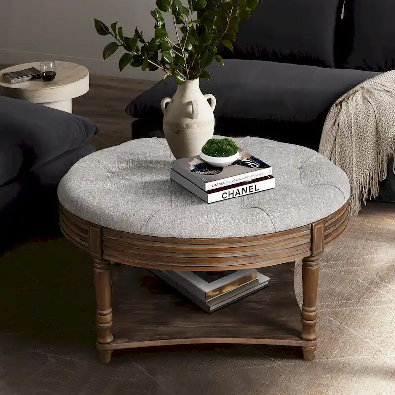 Round Storage Ottoman Coffee Table with Tufted Seat and Wooden Base