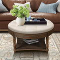 Round Storage Ottoman Coffee Table with Tufted Seat and Wooden Base