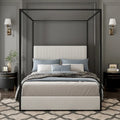 Metal Canopy Platform Bed with Vertical Stripe Upholstered Wingback Headboard - Four Poster, Low Profile Design
