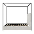 Metal Canopy Platform Bed with Vertical Stripe Upholstered Wingback Headboard - Four Poster, Low Profile Design