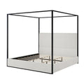Metal Canopy Platform Bed with Vertical Stripe Upholstered Wingback Headboard - Four Poster, Low Profile Design