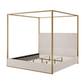 Metal Canopy Platform Bed with Vertical Stripe Upholstered Wingback Headboard - Four Poster, Low Profile Design