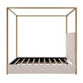 Metal Canopy Platform Bed with Vertical Stripe Upholstered Wingback Headboard - Four Poster, Low Profile Design