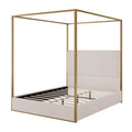 Metal Canopy Platform Bed with Vertical Stripe Upholstered Wingback Headboard - Four Poster, Low Profile Design